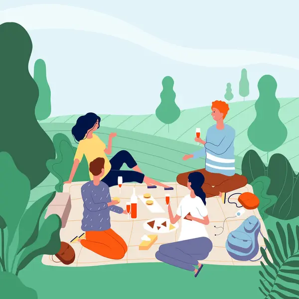 Outdoor picnic people. Happy family in green summer park eating food have a rest and playing vector picnic background. Illustration friend on outdoor picnic, weekend together