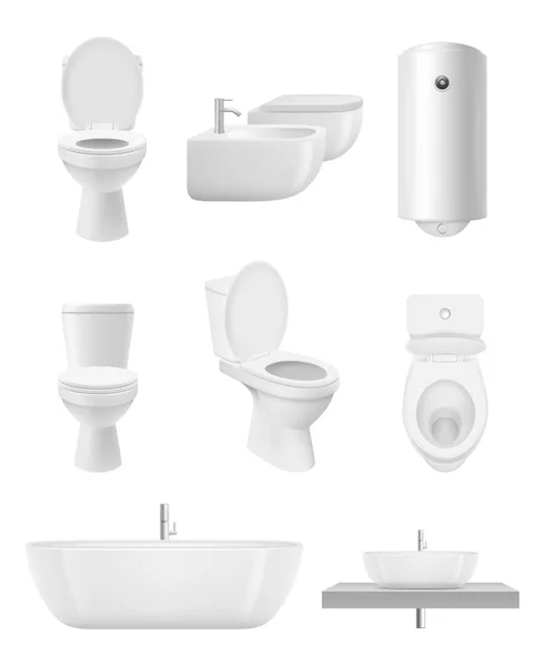 Des Objets Toilettes Lavabo Douche Collection Réaliste Toilettes Vecteur Toilettes — Image vectorielle