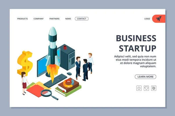 Business Startup Landing Page Vector Isometric Young Business Team Rocket — Stock Vector