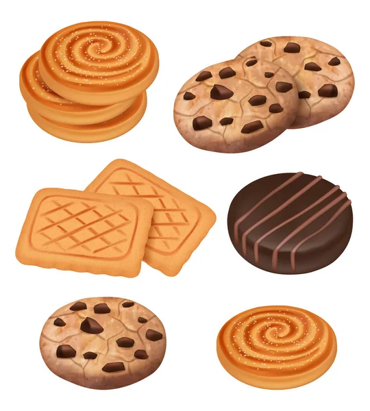 Cookies Biscuits Chocolate Cream Pieces Snacks Vector Cooked Sweets Vector — Stock Vector