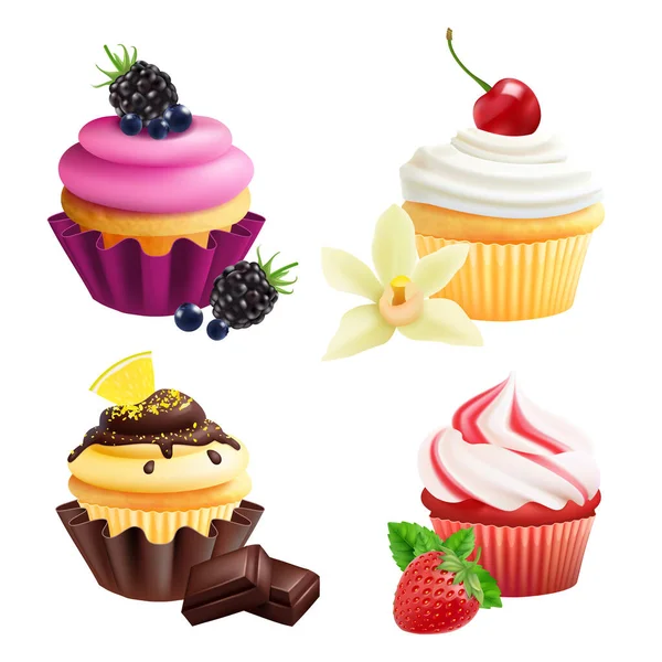 Coleção Cupcakes Muffins Realistas Com Creme Frutas Baunilha Chocolate Cupcakes —  Vetores de Stock