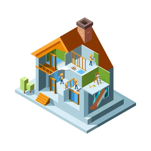 Haussanierung Reparaturräume Wände Fußboden Wohngebäuden Heimarbeiter Mit Geräten Installieren Konstruieren — Stockvektor