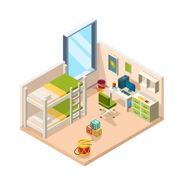 Chambre Enfants Intérieur Pour Enfants Avec Canapé Bureau Jouets Meubles — Image vectorielle
