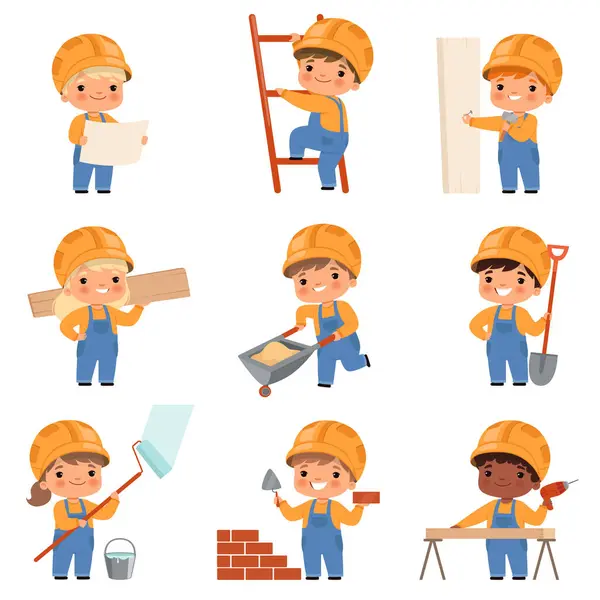 Little Builders Childrens Construction Tools Making Job Working Builders Yellow — Stock Vector