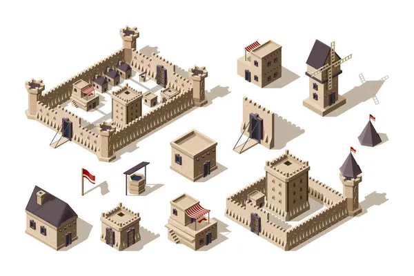Edifícios Medievais Objetos Arquitetônicos Antigos Aldeia Castelos Vetor Isométrico Para — Vetor de Stock