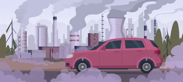 Voiture Polluante Pollution Atmosphérique Usine Industrielle Circulation Automobile Moteur Fumée — Image vectorielle