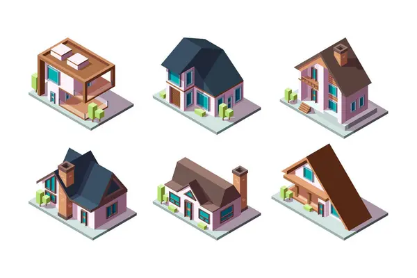 Private House Residential Modern Buildings Low Poly Constructions Isometric Vector — Stock Vector