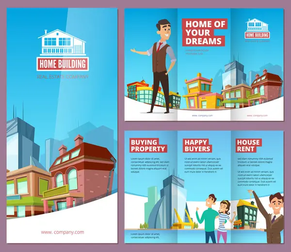 Vastgoed Brochure Banners Afdrukken Met Happy Property Kopers Grote Gebouwen — Stockvector