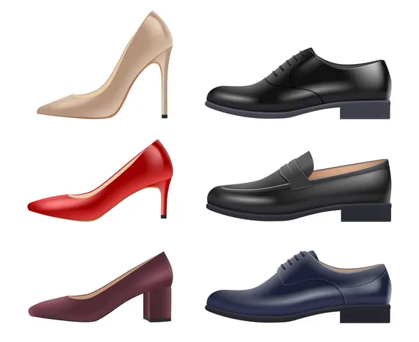 現実的な靴 レディーイブニングエレガントな高級シューズは 店頭ベクトルコレクションのための異なるスタイルと色 履物男性と美容女性のイラスト — ストックベクタ
