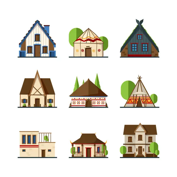 Traditionelle Gebäude Häuser Und Bauten Verschiedener Länder Europa Asiatisch Indisch — Stockvektor