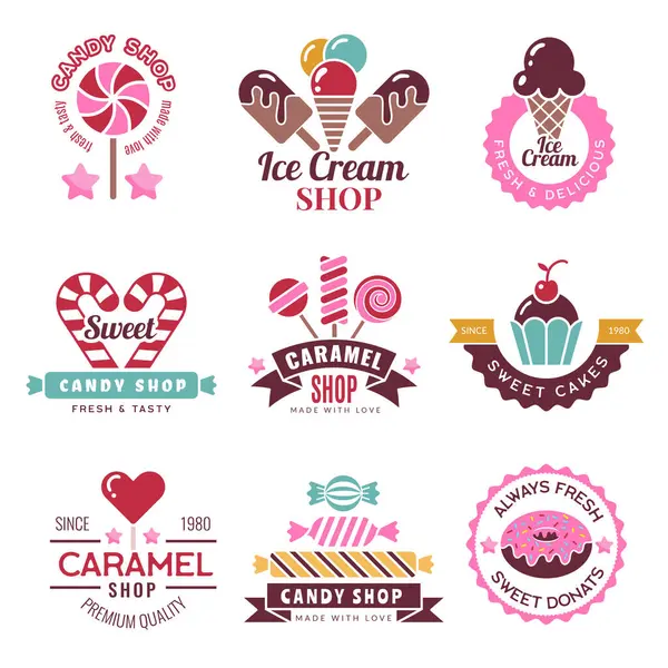 Sweets Logo Badges Candy Shop Confectionery Company Lollipop Cakes Donuts — Stock Vector