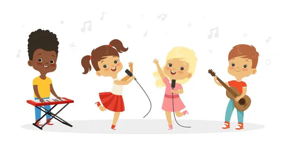 Singing Kids Vector Cute Children Choir Kids Vocal Group Illustration — Stock Vector