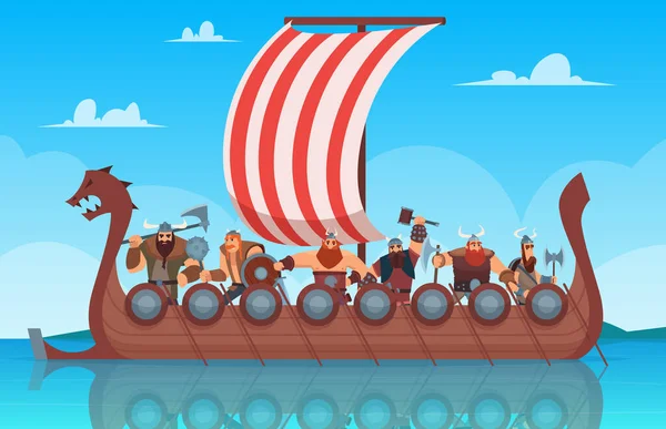 Vikingler Savaş Gemisi Norveç Vikings Savaşçı Vektör Karikatür Arka Plan — Stok Vektör