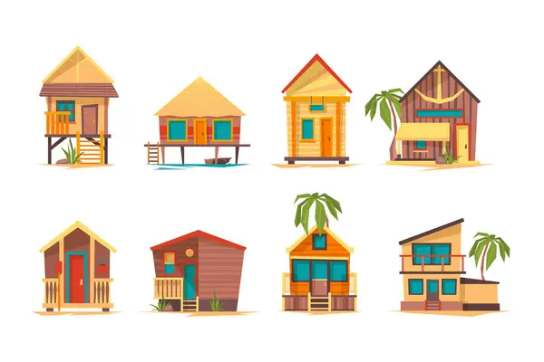 Tropiska Hus Bungalow Beach Byggnader Island Hem För Sommarlov Vektor — Stock vektor