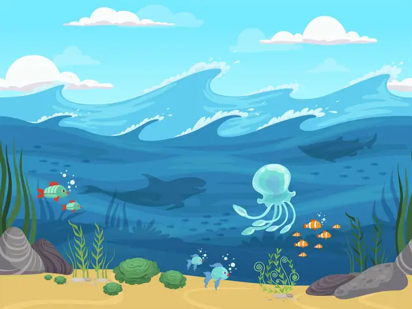 Underwater Seamless Game Water Landscape Fishes Algae Water Plants Horizon — Stock Vector