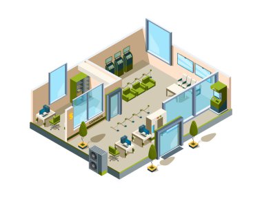 Banka biyometrik. Yöneticiler vektör 3d düşük poli için Modern bina iç ofis açık alan bankacılık lobi servis odası. İllüstrasyon isometrik banka iç, ofis iş hizmeti