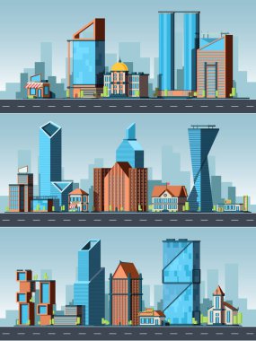Şehir manzarası. Yol şehir manzarası ve şehir haritası vektör arka plan ile şehirde ofisleri ile Kentsel binalar. Kentsel bina ilçe, inşaat şehir illüstrasyon