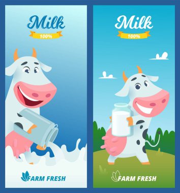 Süt afiş. Karikatür komik sığır reklam illüstrasyon çiftlik kavramı vektör resimleri ile. Süt ve inekler sığır, tarım çiftlik ürün Illustration