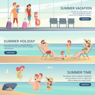 Mutlu aile seyahat afişleri. Ebeveynler ve çocuklar kartları için vektör arka planlar ile tropikal denizde Yaz tatili. Aile seyahati ve seyahati, yolculuk macerası illüstrasyonu
