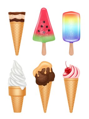 Dondurma tatlısı. Vanilyalı meyveçikolatalı dondurma koni farklı topingler vektör gerçekçi resimler. Koni dondurma İllüstrasyon, çikolata tatlı