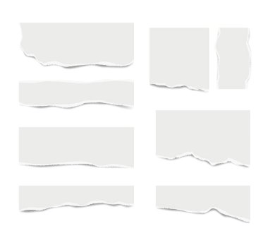 Ripped paper. Broken white note paper for text messages different shapes vector realistic template. Ripped torn paper for reminder, variety and different ragged illustration clipart