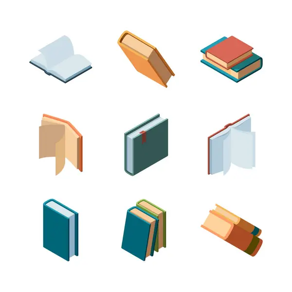 Books Isometric Diary Open Closed Magazines Books Library Colorful Isometric — Stock Vector