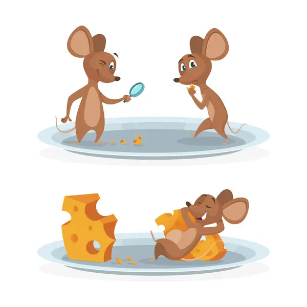 Cartoon Mice Cheese Plate Vector Illustration Mouse Cheese Isolated White — Stock Vector