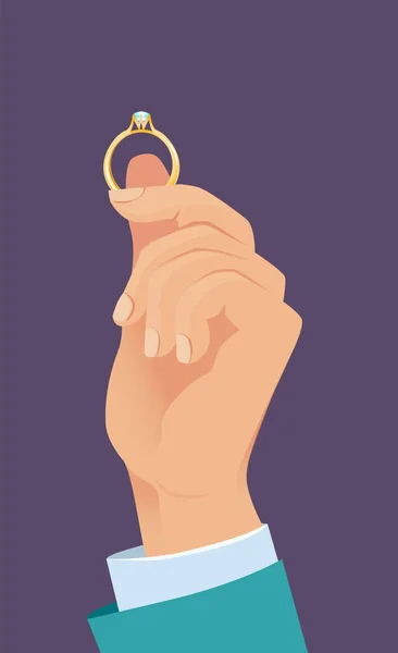 Trouwring Hand Bruidegom Holding Gouden Ring Hand Vector Cartoon Bruiloft — Stockvector