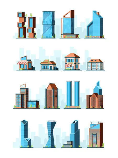 都市の建物 超高層ビル通りは 食料品村の建設ベクトル2D低ポリゲームの建物を収容します 建築工事のイラスト 近代的なオフィス建築 — ストックベクタ