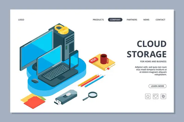 Cloud Storage Landing Page Isometrische Speicherung Von Informationen Und Datenvektorwebseiten — Stockvektor