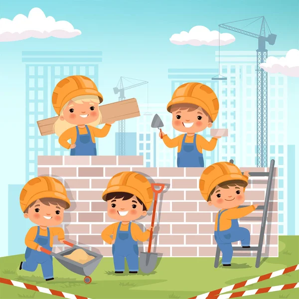 Construction Background Little Kids Making Some Work Construction Build House — Stock Vector