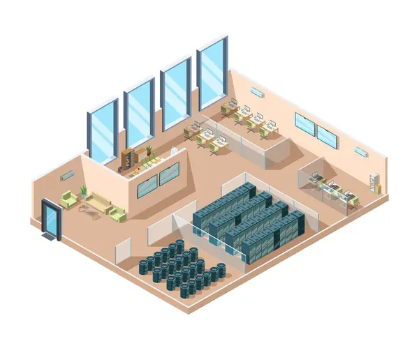Centre Données Ordinateurs Salles Serveurs Générateurs Refroidissement Intérieur Conteneurs Batteries — Image vectorielle