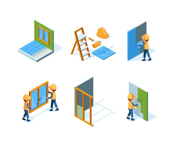 Conserto Casa Instalação Parede Equipamentos Pintura Trabalhadores Construção Construções Renovação — Vetor de Stock