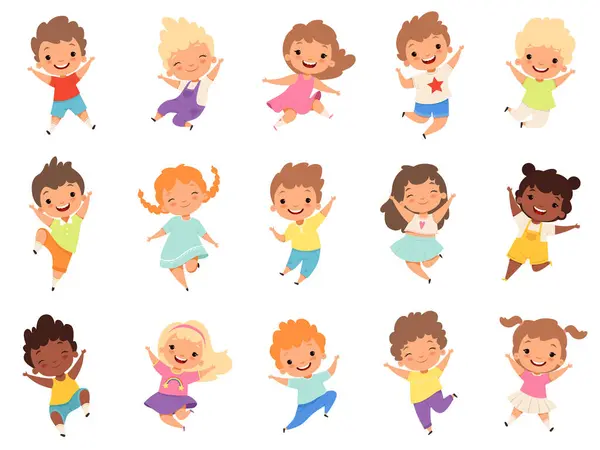 ジャンプ子供たち 別のアクションで遊んでジャンプする幸せな面白い子供たちは 教育小さなチームベクトル文字をポーズ 子供と子供の楽しさと笑顔のイラスト — ストックベクタ
