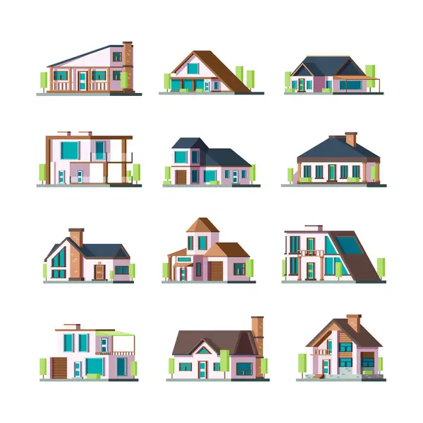 Modern Buildings Living Houses Villa Townhouse Suburban Facade Constructions Tower — Stock Vector