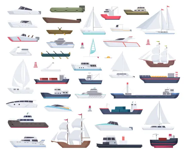 Naves Oceánicas Barcos Vela Yate Viajar Gran Pequeña Colección Dibujos — Vector de stock