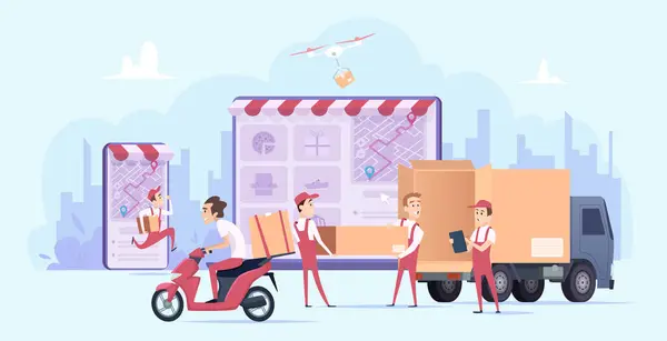 Online Lieferung Schnelles Digitales Einkaufen Und Städtischer Kurierdienst Versand Geschenke — Stockvektor