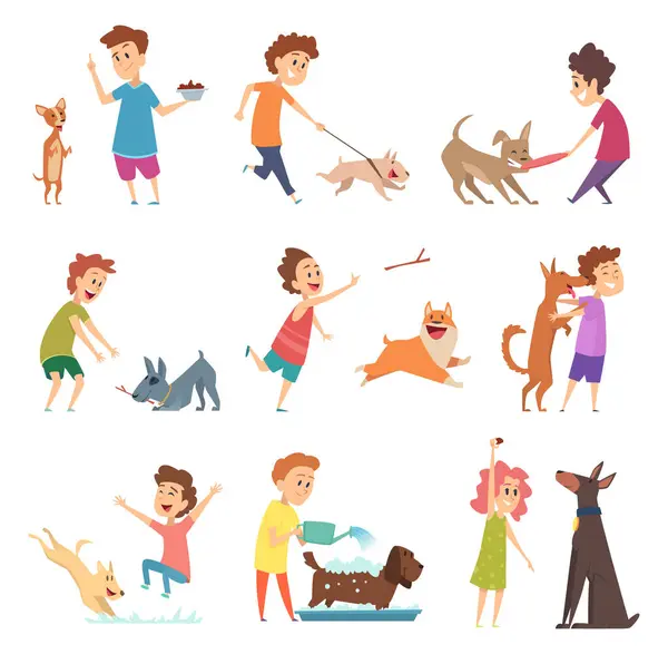 宠物和孩子快乐的小狗狗和它们的主人拥抱玩微笑喂养载体动物 插图喂养和步行狗 有趣和可爱的宠物 — 图库矢量图片