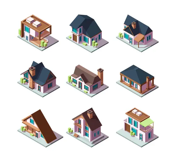 Ιδιωτικά Μοντέρνα Σπίτια Αστικά Μοντέλα Κτιρίων Μινιατούρα Χαμηλό Πολυ Διάνυσμα — Διανυσματικό Αρχείο