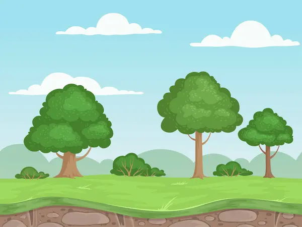 Бесшовная Игра Природный Ландшафт Параллакс Фона Игры Наружные Горы Деревьев — стоковый вектор