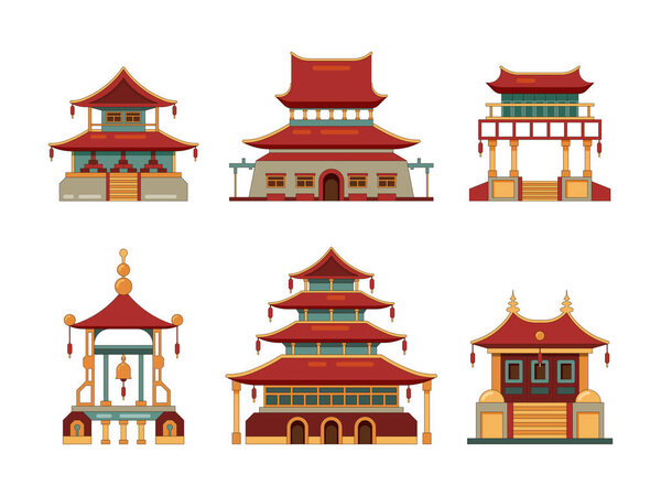 Традиционные здания. Япония и Китай культурные объекты архитектуры пагода ворота дворца наследия векторной коллекции. Китайский дворец здания, восточная античная архитектура
