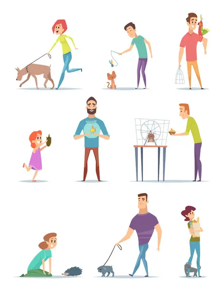 动物主人快乐的家庭宠物与年轻的男性和女性持有人动物猫狗行走矢量卡通 动物狗的朋友和快乐的主人与刺猪和仓鼠的插图 — 图库矢量图片