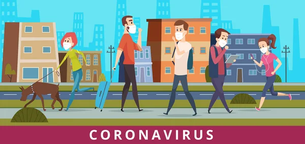 Coronavirus Människor Stadens Luft Ncov Virus Skydd Promenader Mask Föroreningar — Stock vektor