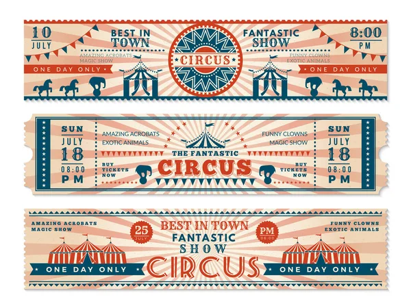 Lístky Cirkus Horizontální Nápisy Pozvánka Cirkus Představení Karnevalových Proužků Ilustrace — Stockový vektor
