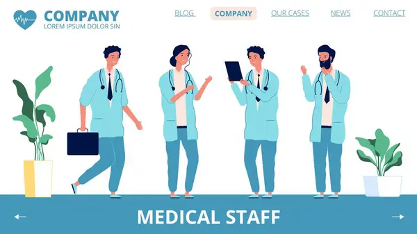 Página Destino Hospital Personagens Vetoriais Equipe Médica Diferentes Médicos Trabalhadores — Vetor de Stock
