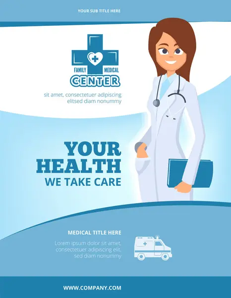 Publicidade Folheto Médico Projeto Layout Capa Folheto Com Médico Feminino — Vetor de Stock