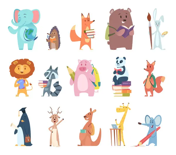 回到学校动物 年轻的有趣的动物园人物学校项目大象兔熊狐松鼠背包书矢量字符 兔子和狐狸 熊和熊猫 鹿和袋鼠的插图 — 图库矢量图片