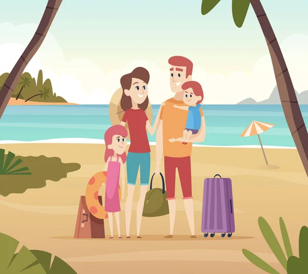 家庭夏季旅行者 孩子与父母去暑假大冒险在海矢量卡通背景 旅游和假日夏天的插图 一家人一起在度假海滩 — 图库矢量图片
