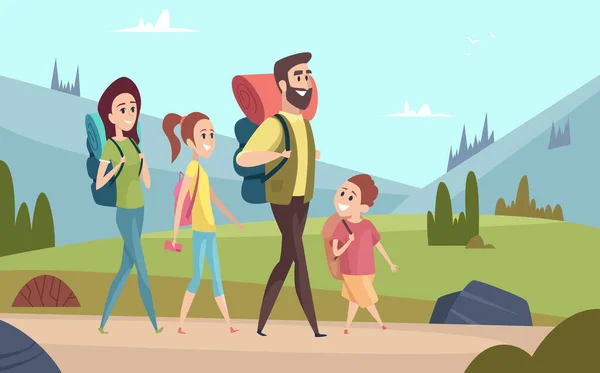Family hiking background. Walking couples in mountains kids with parents tourists travellers outdoor adventure vector characters. Illustration of family hiking travel summer