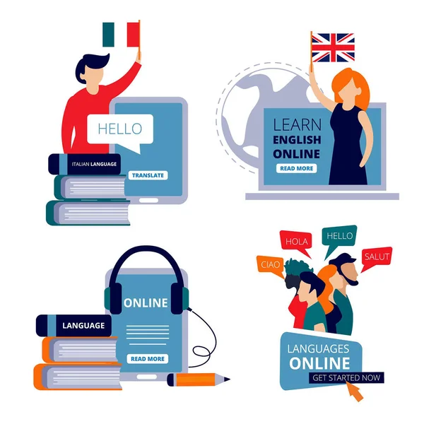 Language courses. Study english learning chinese italian use dictionary for learning training center vector concept pictures. Illustration of training e-learning, tutorial webinar language course